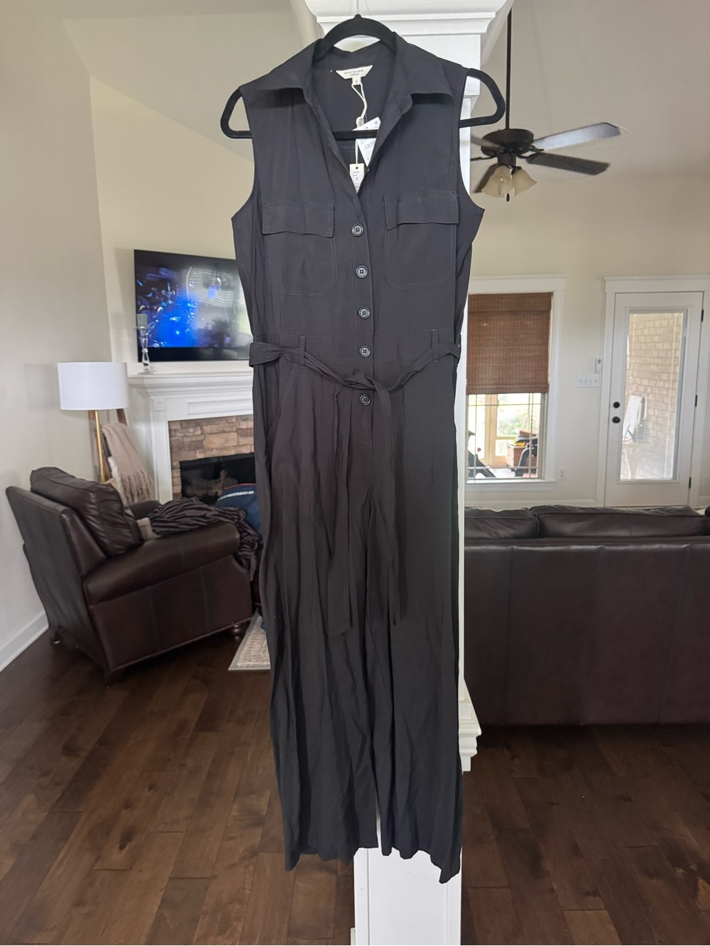 Max Studio Sleeveless Black Button-Front Jumpsuit with Tie Waist